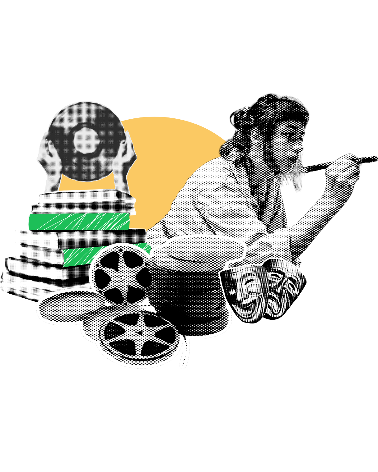 Collage artístico en blanco y negro con persona sosteniendo un disco de vinilo sobre una pila de libros, carretes de película y máscaras de teatro, con un círculo naranja detrás.