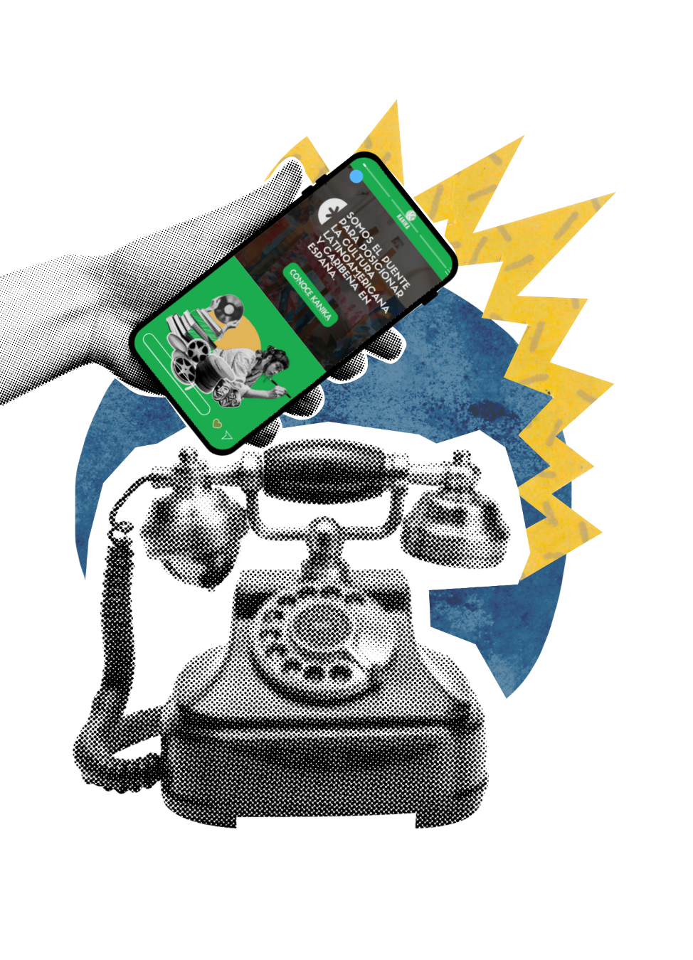 Imagen de contacto con teléfono y mano sosteniendo smartphone